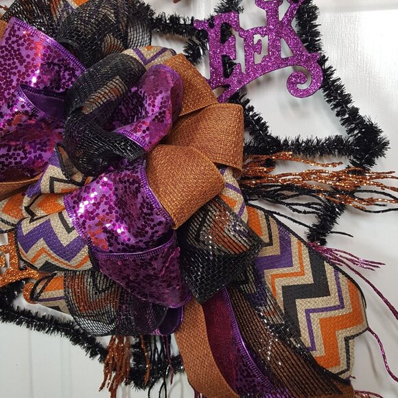 Halloween Orange Black Purple Glittered EEK Black Tinsel Spider Web Wreath - Picture 11 of 12